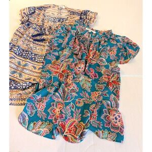 Two Rose & Olive Tops S Tassel Tie V Neck Flutter Sleeve Pleating Peasant Boho